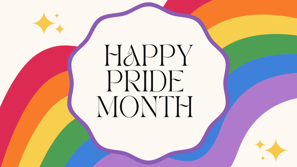 A swirly rainbow colored background with the words "happy pride month"