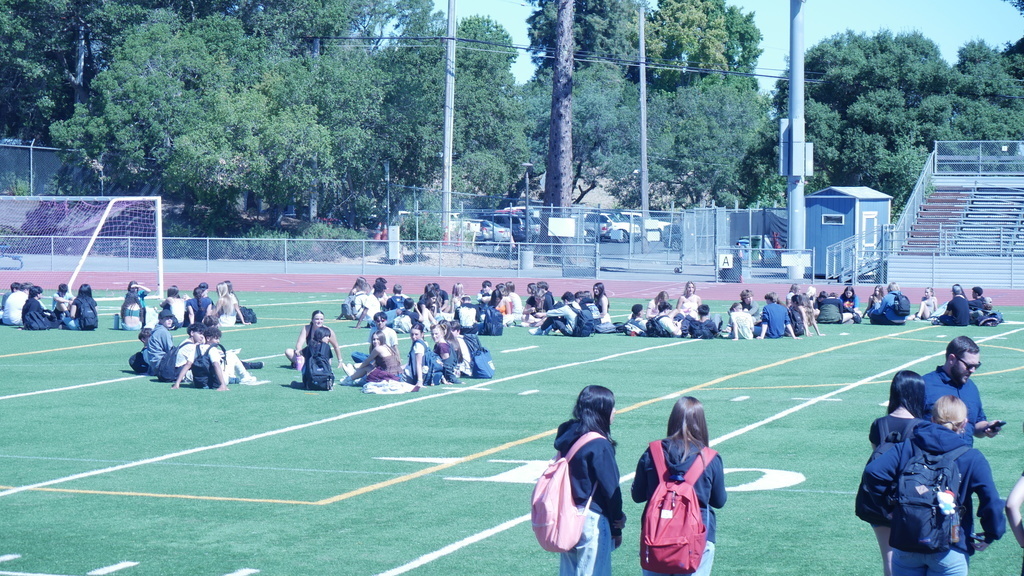 Freshmen and their Link Crew leaders on the football field