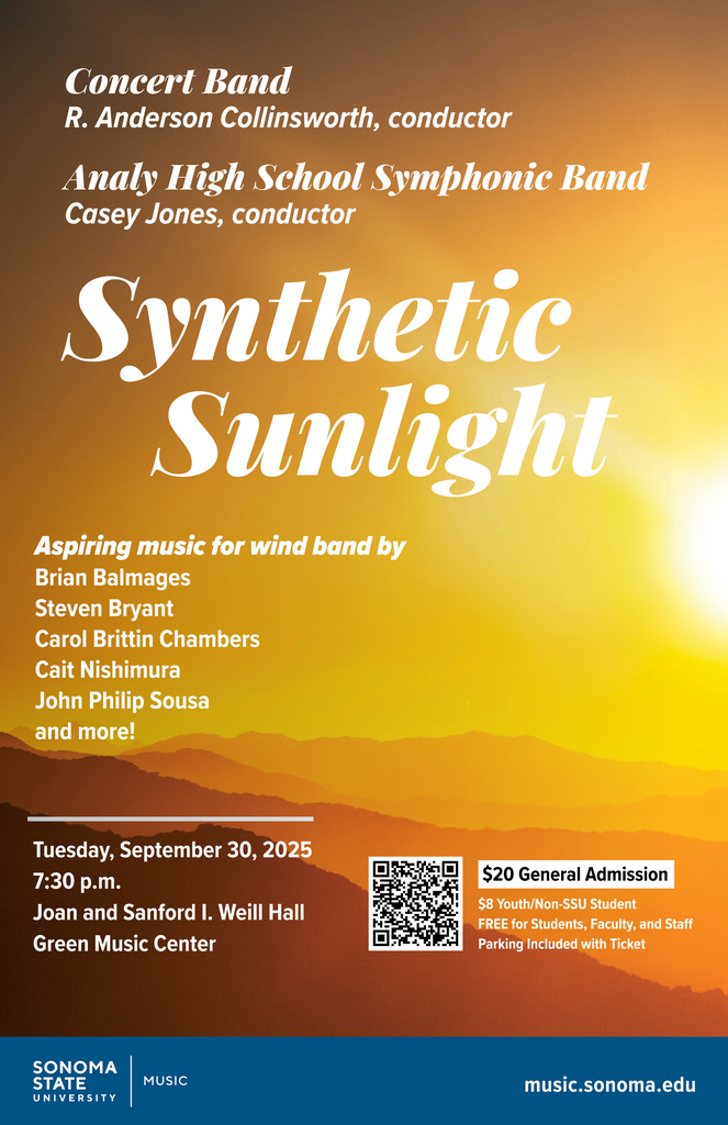 Flyer for Analy Symphonic band performance with a sunset in the background