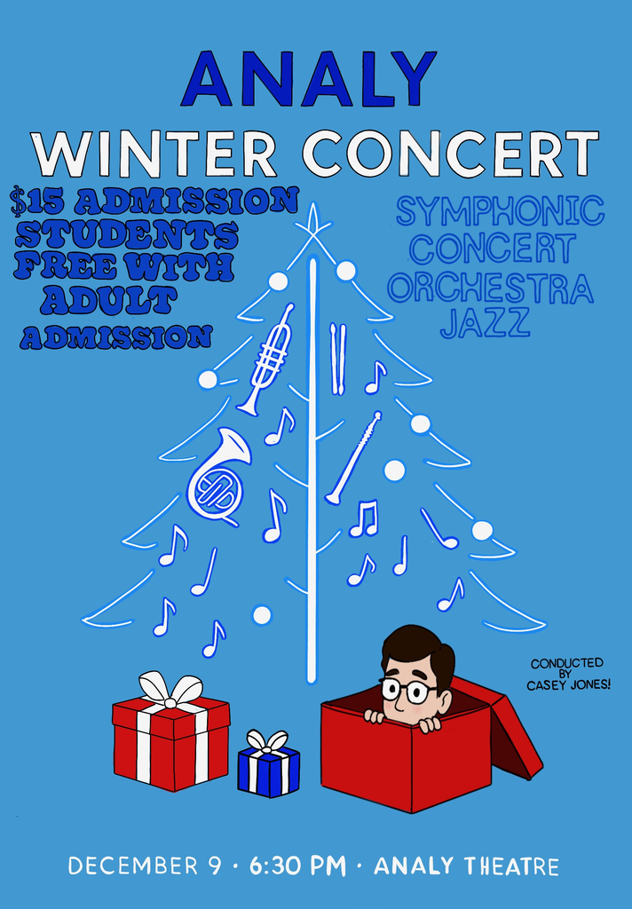 Blue background with image of a Christmas tree decorated with musical instruments. Mr Jones is peeking out of one of the presents under the tree.