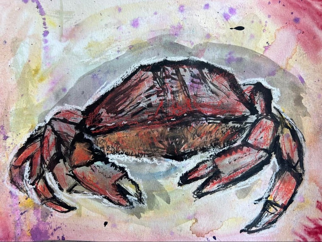 red crab on purple, pink, and yellow background