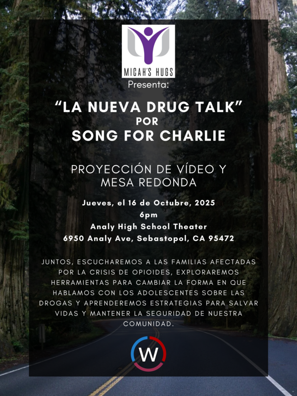 Flyer in Spanish with redwoods in the background
