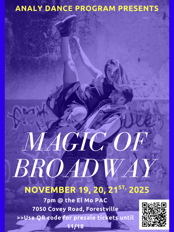Purple hued image of partners dancing. Flyer with details for Magic of Broadway dance show