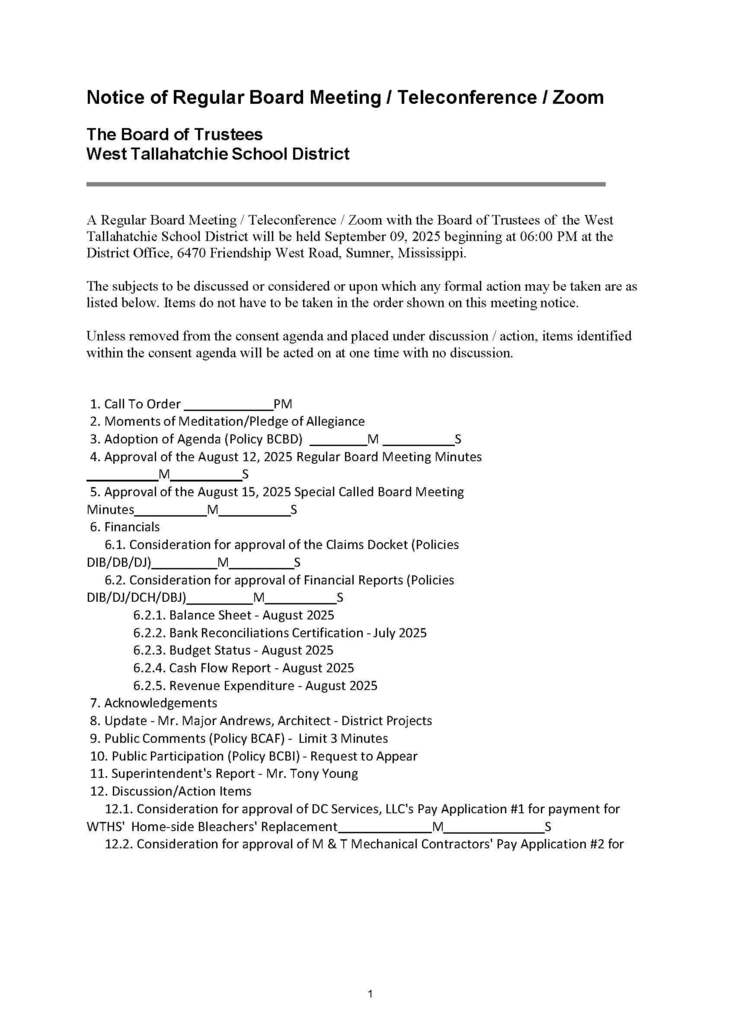 Board Meetings Notice