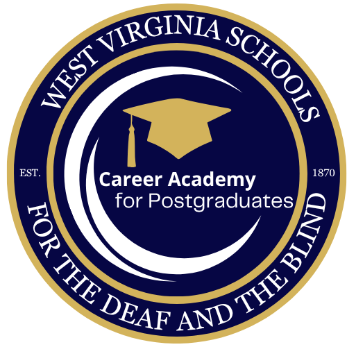 CAP Logo. Blue and gold circle. White text "West Virginia Schools for the Deaf and the Blind." Gold graduation cap in the center. White text "Career Academy for Postgraduates."