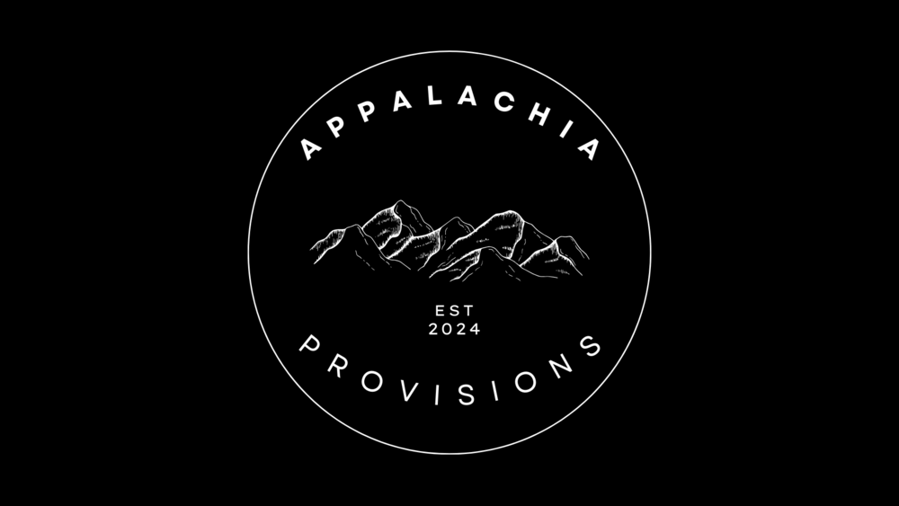 Appalachia Provisions Cafe logo featuring a white outline of a mountain landscape with the text "Appalachia Provisions: surrounding the landscape. 