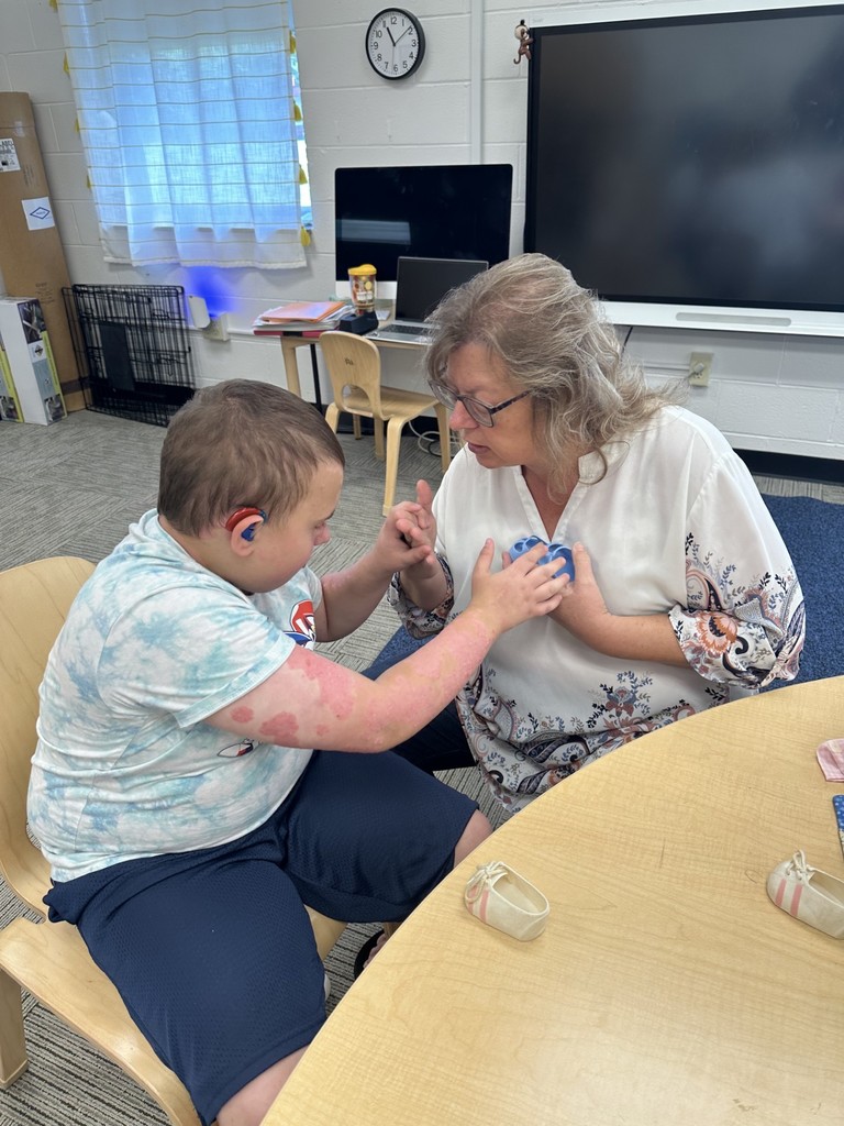 A female deafblind intervenor assists a male student. They are both seated at a table while the female intervenor holds onto the male student's hands.