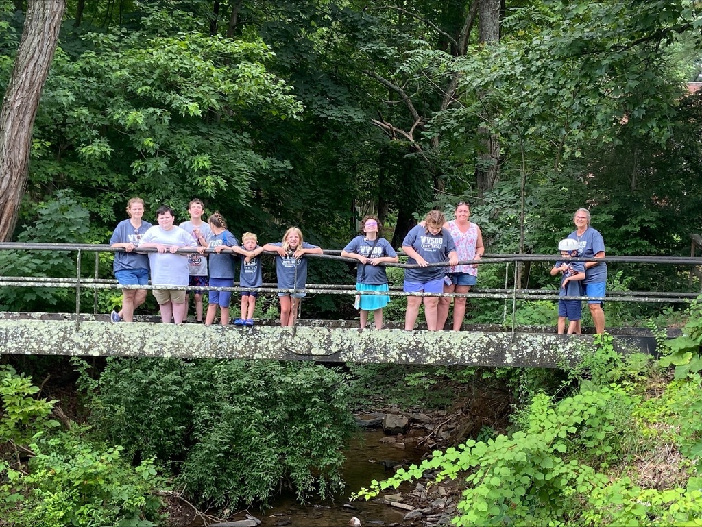 A group of camp participants, teachers, and aides pose for a photo while standing on a bridge. The bridge is surrounded by a green forest.