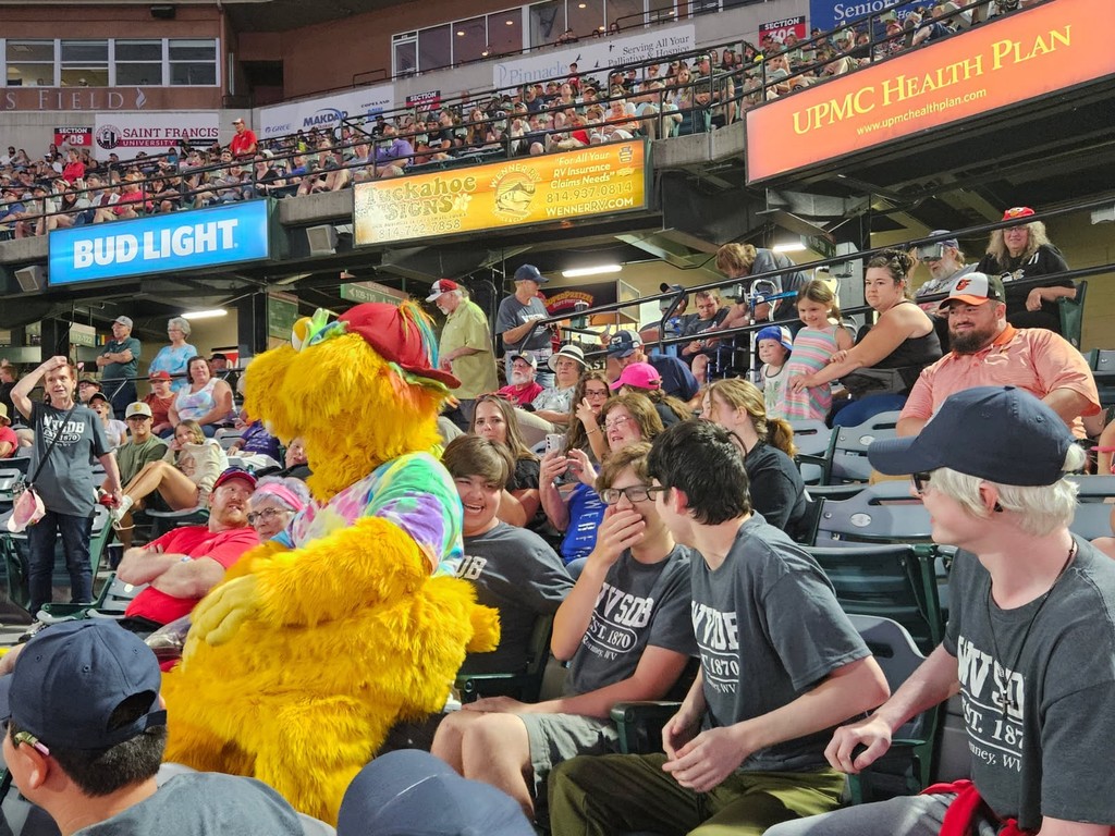 Students seated inside of the baseball stadium laughing at a big, yellow mascot. 