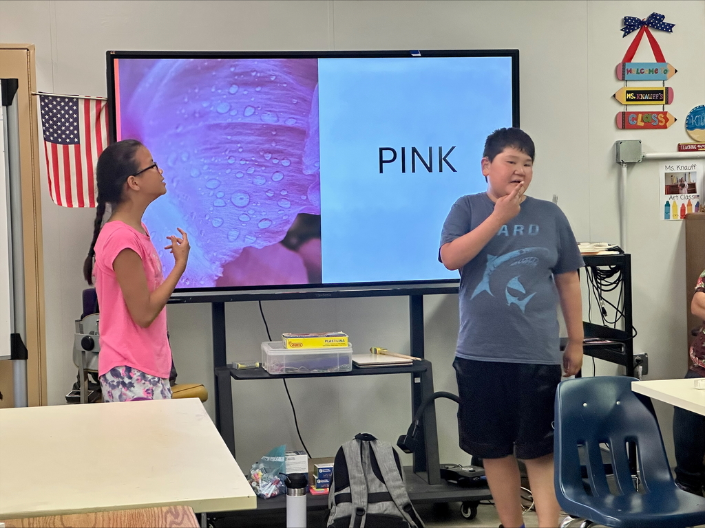 Two camp participants standing in front of a large smartboard sign the word "pink" in ASL. 