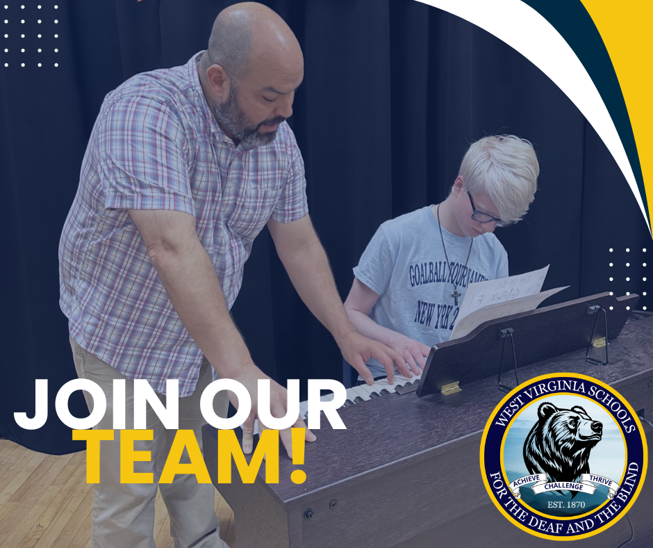 Student playing keyboard with teacher accompanying - Join our Team! banner and school logo