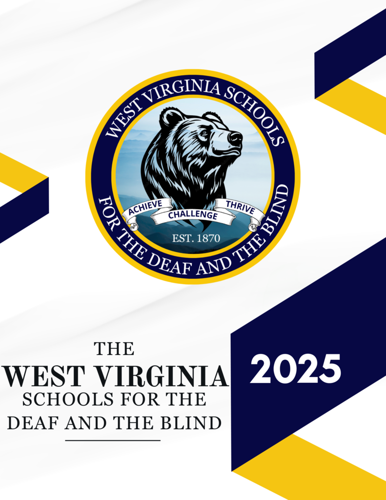 WVSDB "About Us" Booklet cover featuring blue and yellow-colored accents and the WVSDB Black Bear logo in the center.