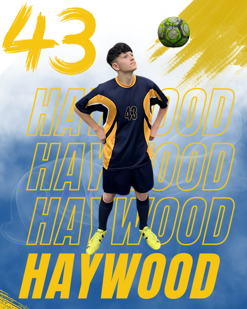 Raiden Haywood. A male soccer player wearing a blue and gold jersey stands proudly with his hands on his hips. "Haywood" is behind him in yellow-colored font.