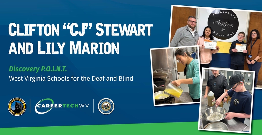 Discovery P.O.I.N.T. advertisement. Photos of culinary students in front of a blue and green-colored background.
