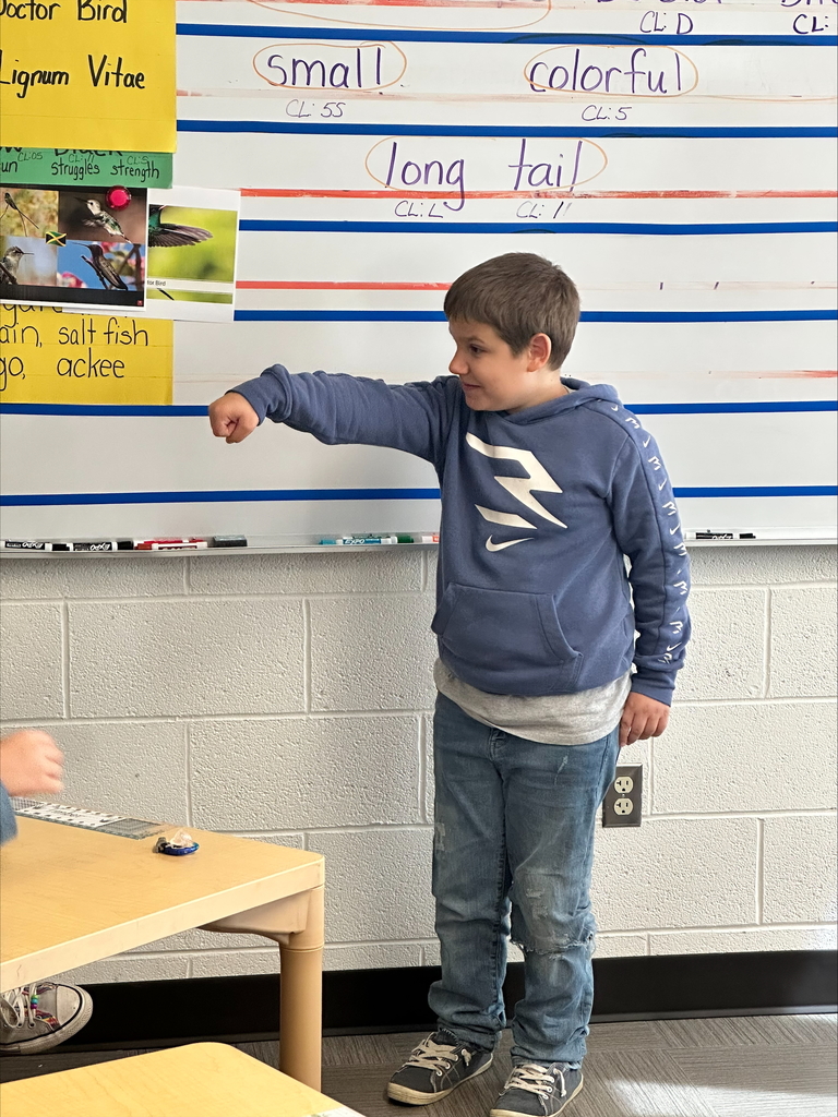Nathan, a male student stands at the front of the classroom as he acts out part of the story using ASL.