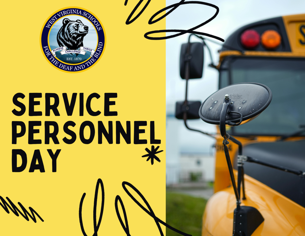 Service Personnel Day in black-colored font in front of a bright, yellow-colored background. There is a yellow school bus on the right-hand side.