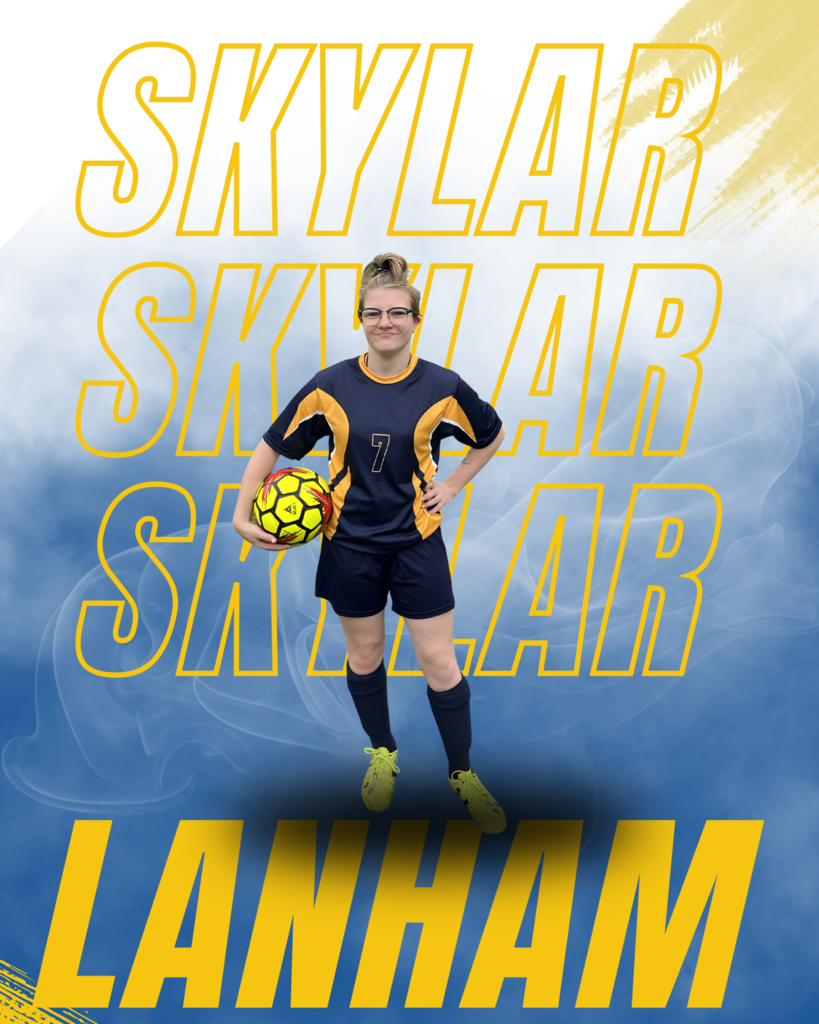 Skylar Lanham Soccer Photo. A female soccer player stands with her hand on her hip and holds a neon yellow soccer ball in front of a blue background.