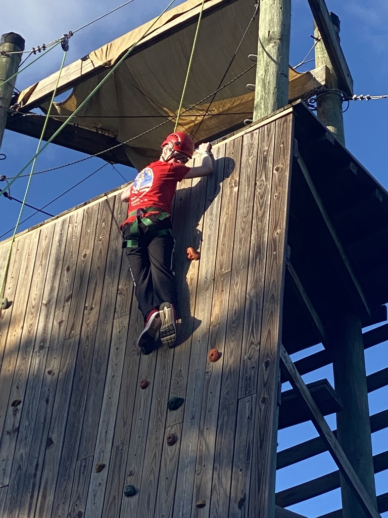 A male student looks down as he climbs the rock wall.