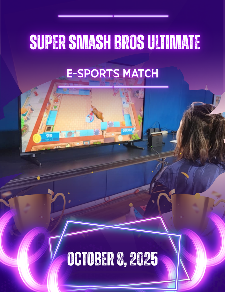 Esports Match. Pink and purple accents surround a female gamer who is facing a TV while she concentrates on the video game she is playing.