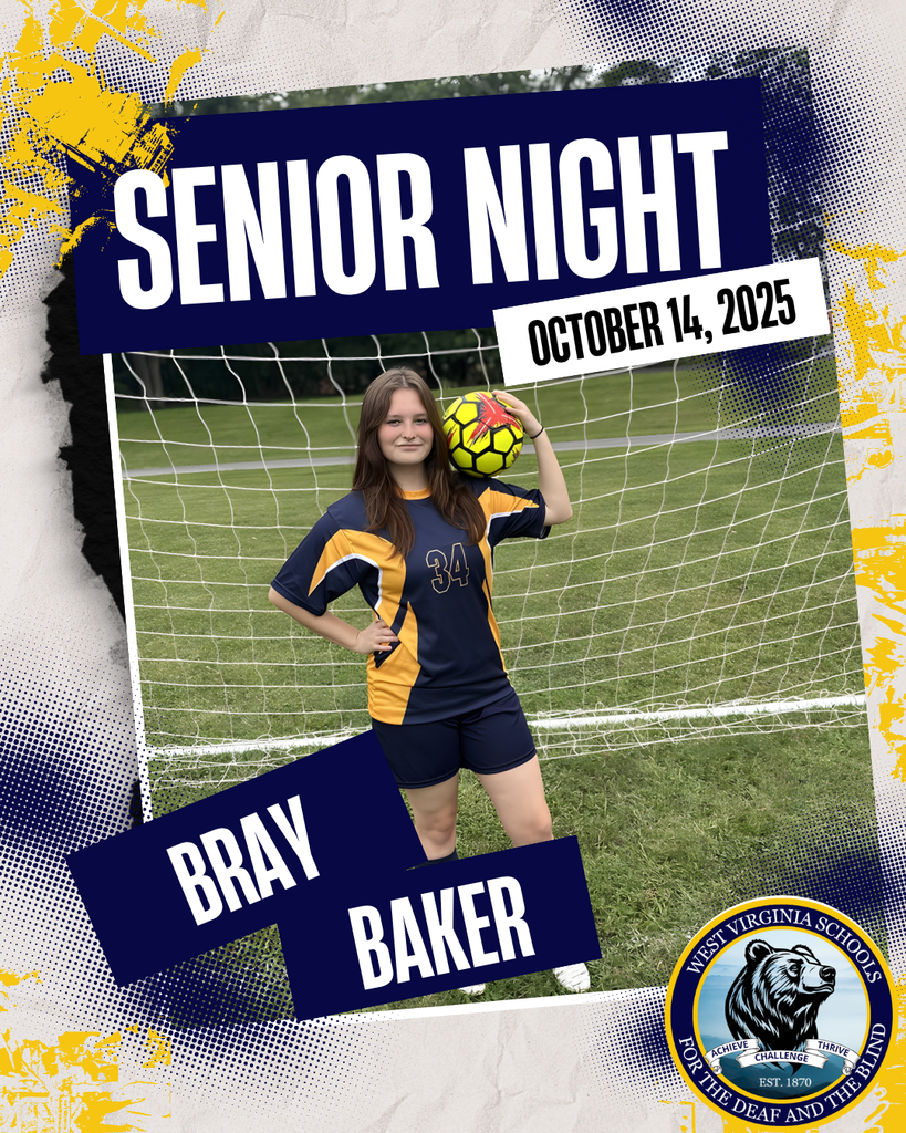 Bray Baker. A female student dressed in a blue and gold-colored soccer uniform holds up a neon green soccer ball on her shoulder.