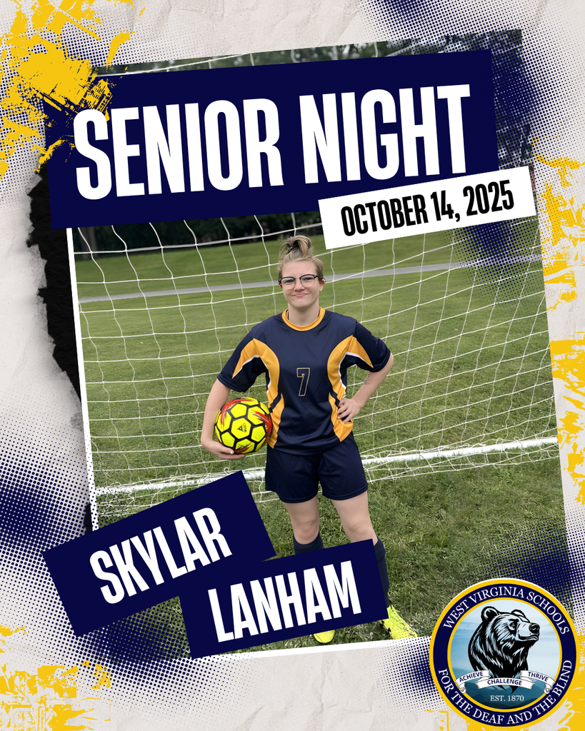 Skylar Lanham. A female student dressed in a blue and gold-colored soccer uniform poses with a neon green soccer ball on her hip.