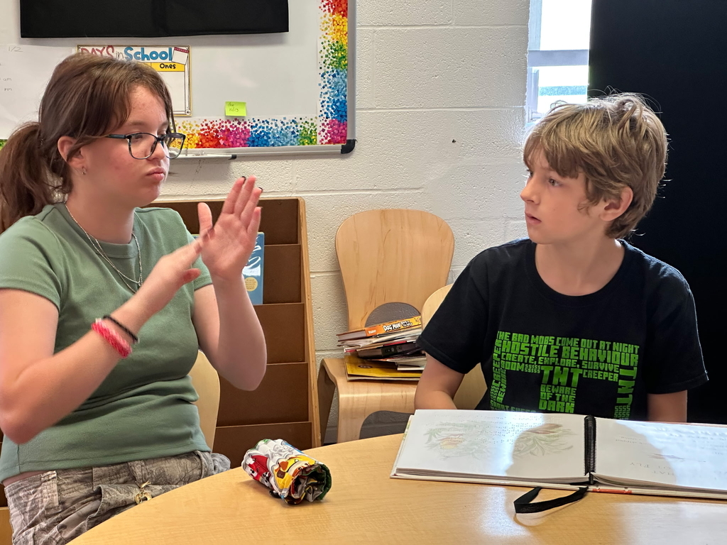A female student signs using American Sign Language (ASL) while a male student observes her.