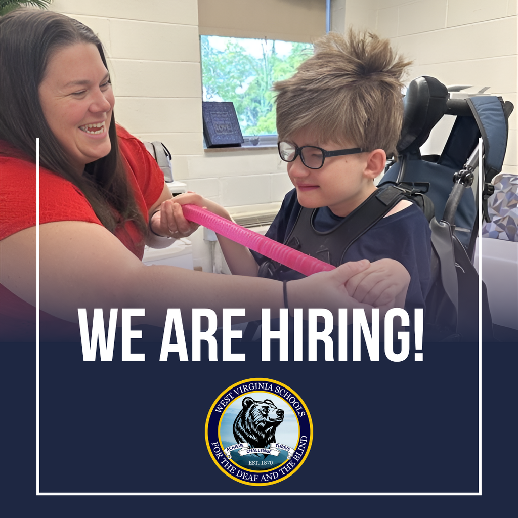 Physical therapist with student with We Are Hiring! banner and school logo