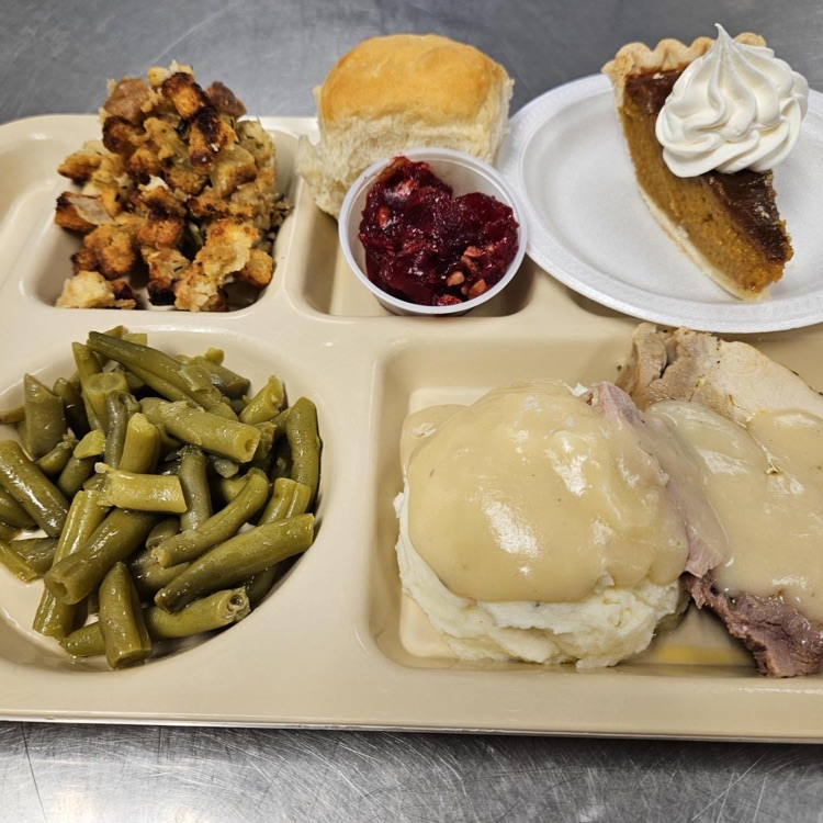 Meal tray featuring a holiday meal.