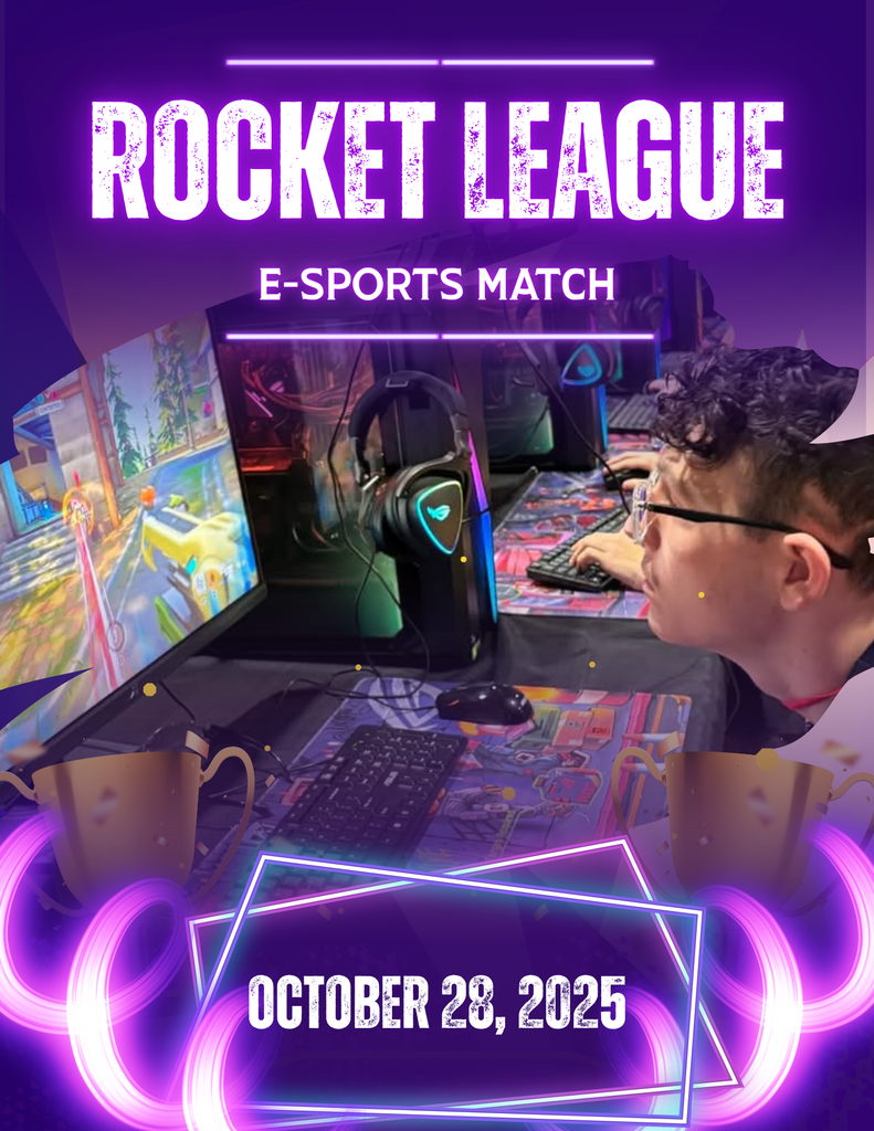 eSports Rocket League Match Day. Purple and pink accents surround a male student playing video games on a computer.