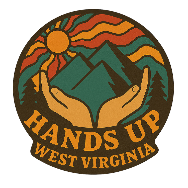 Hands Up West Virginia Logo. A pair of hands hold up mountains surrounded by forest trees and a sun beaming with rays in the upper left-hand corner.