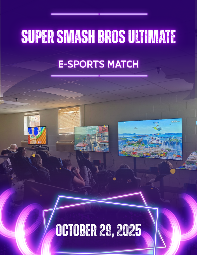 eSports Rocket League Match Day. Purple and pink accents surround a group of students playing video games on large TV's.