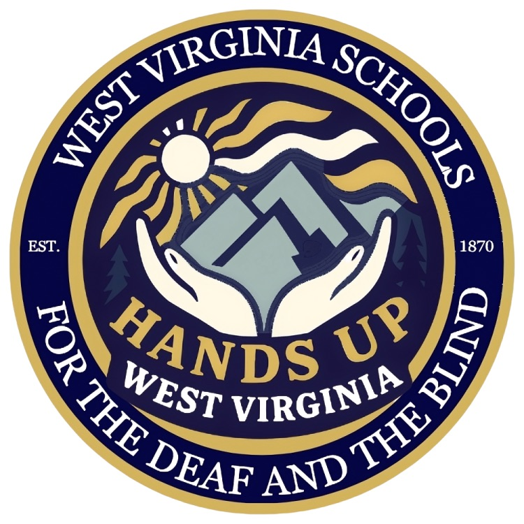 Hands Up, West Virginia Logo. Blue and gold outer rings with a pair of hands holding up mountains in the center.