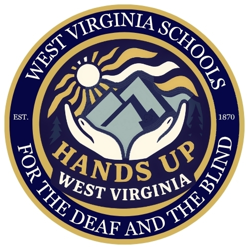 Hands Up, West Virginia Logo. Blue and gold outer rings surround a pair of hands holding up mountains.