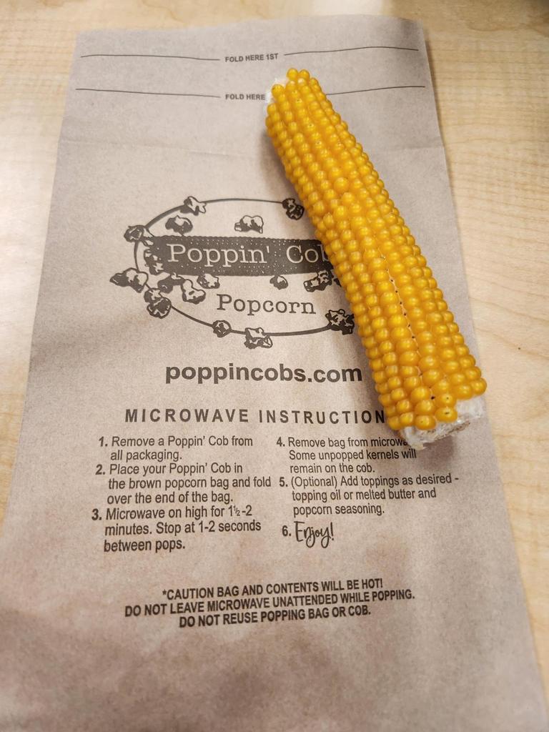 A yellow corn cob sits on top of a gray-colored bag with experiment directions written in black-colored font.