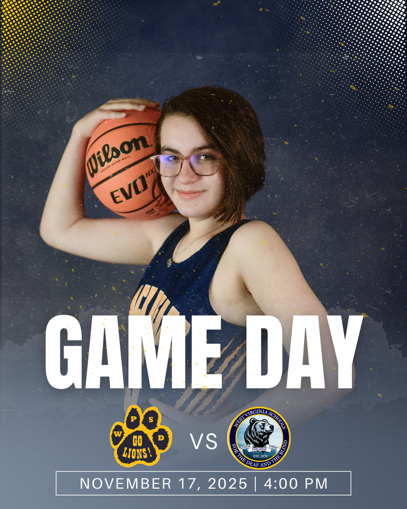 Game Day. A female basketball player wearing a blue and yellow jersey holds an orange-colored basketball on her shoulder near her head. The phrase "Game Day" is in white-colored font below the female player. Both of the team's logos are below the "Game Day" phrase.