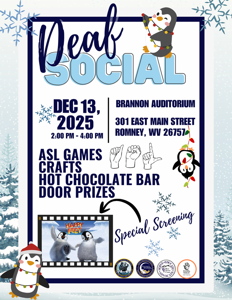 Deaf Social Flyer. A snowy background filled with trees, snowflakes, and penguins. Event details are in blue-colored font.