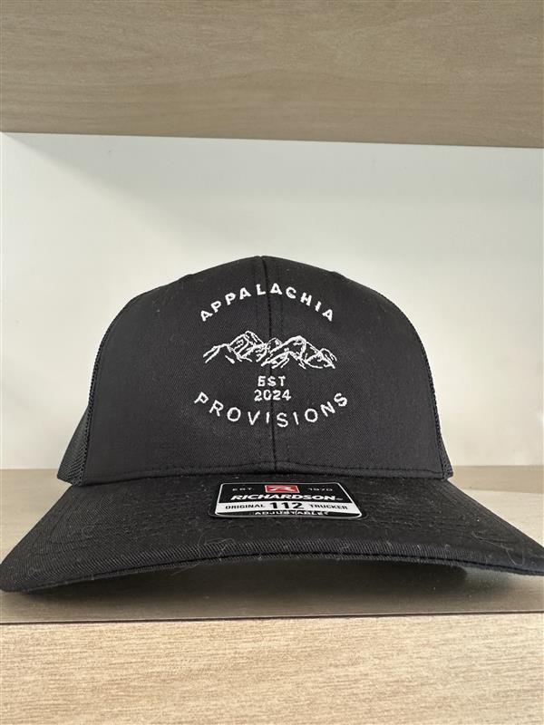 A black Appalachia Provisions hat with the Appalachia Provisions logo featuring a white outlined mountain.