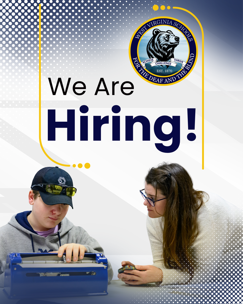 Student and instructor using Braille Writer with We Are Hiring banner and school logo.