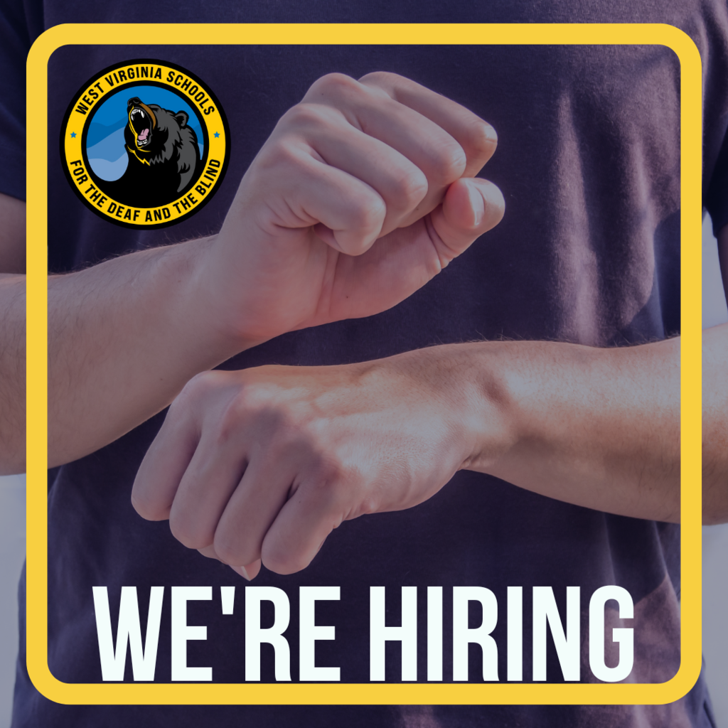 We are Hiring with hands signing work - school logo in upper left corner