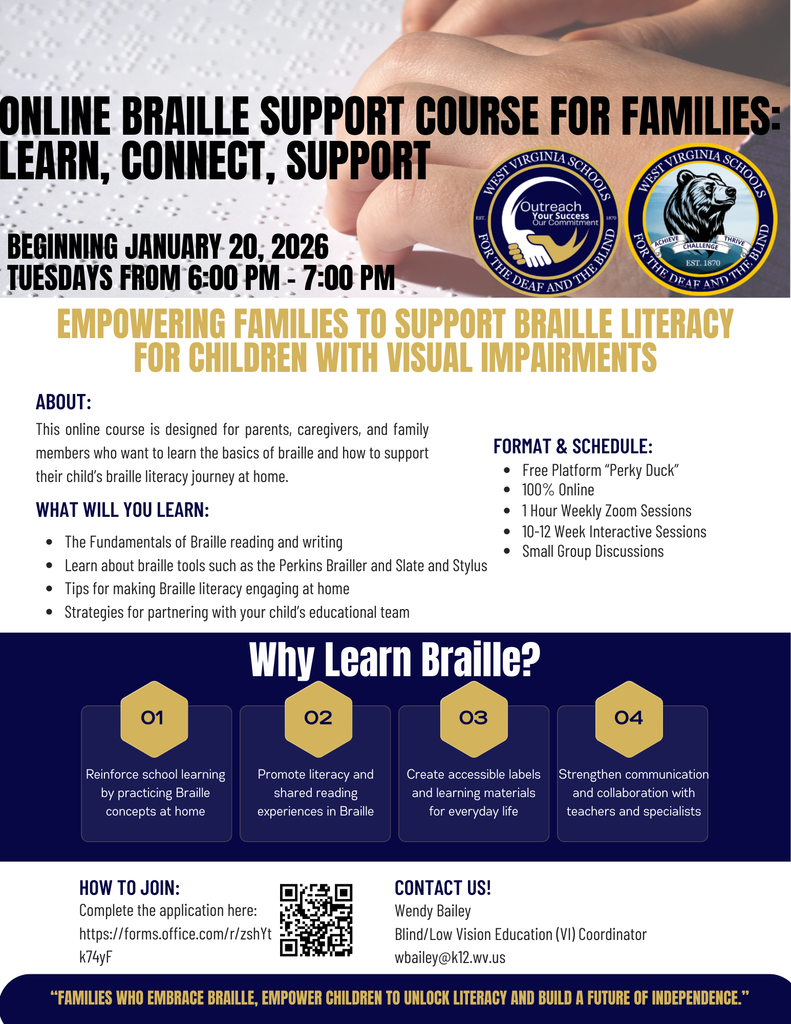 Online Braille Course for Families Flyer featuring a photo of a set of hands and Braille dots.