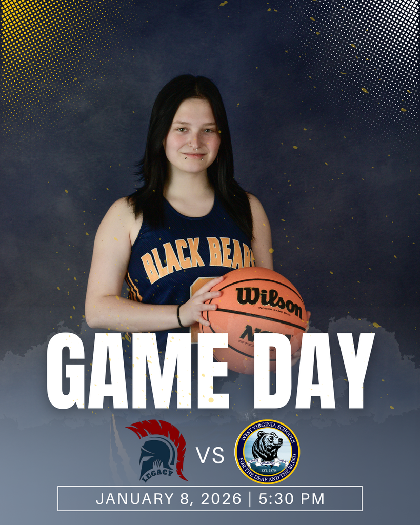 Game Day. A female basketball player with dark, brown hair and wearing a blue and yellow-colored jersey stands proudly while holding an orange basketball in front of her. The Legacy and WVSDB logos are at the bottom, center of the graphic. 