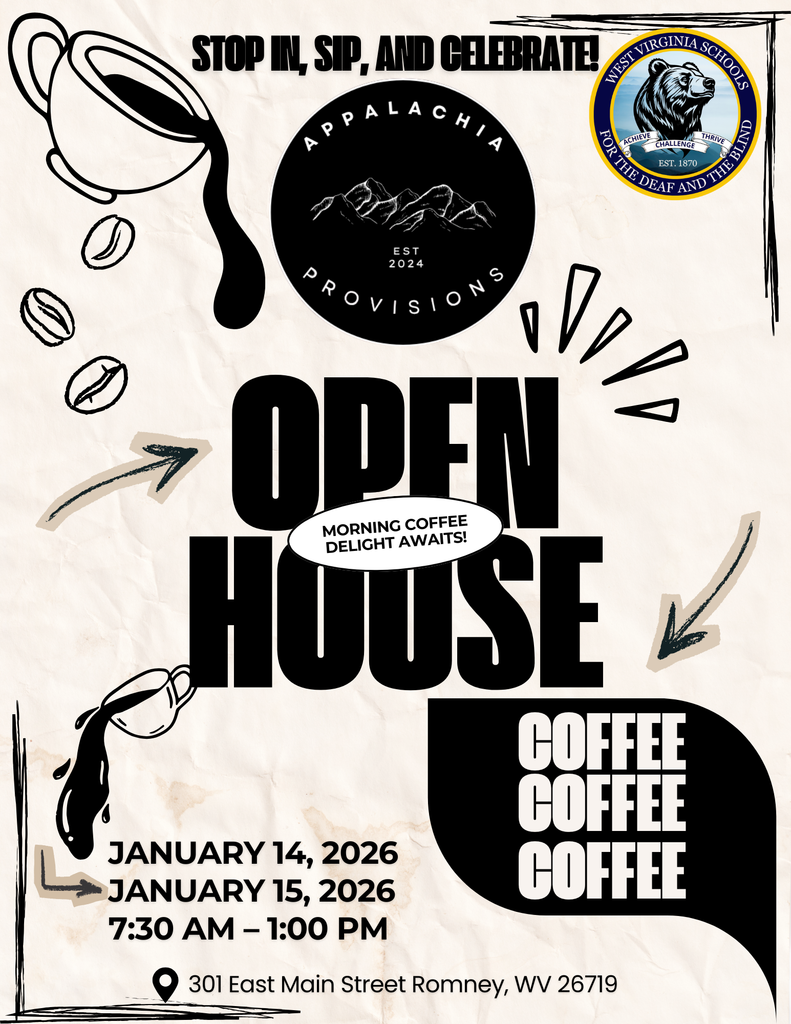 Appalachia Provisions Open House. In bold, black font is "Open House" with the Appalachia Provisions logo at the top, center. Coffee cups and arrows surround the logo.