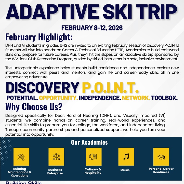 Discovery P.O.I.N.T. flyer featuring a gray background with blue and yellow font. 