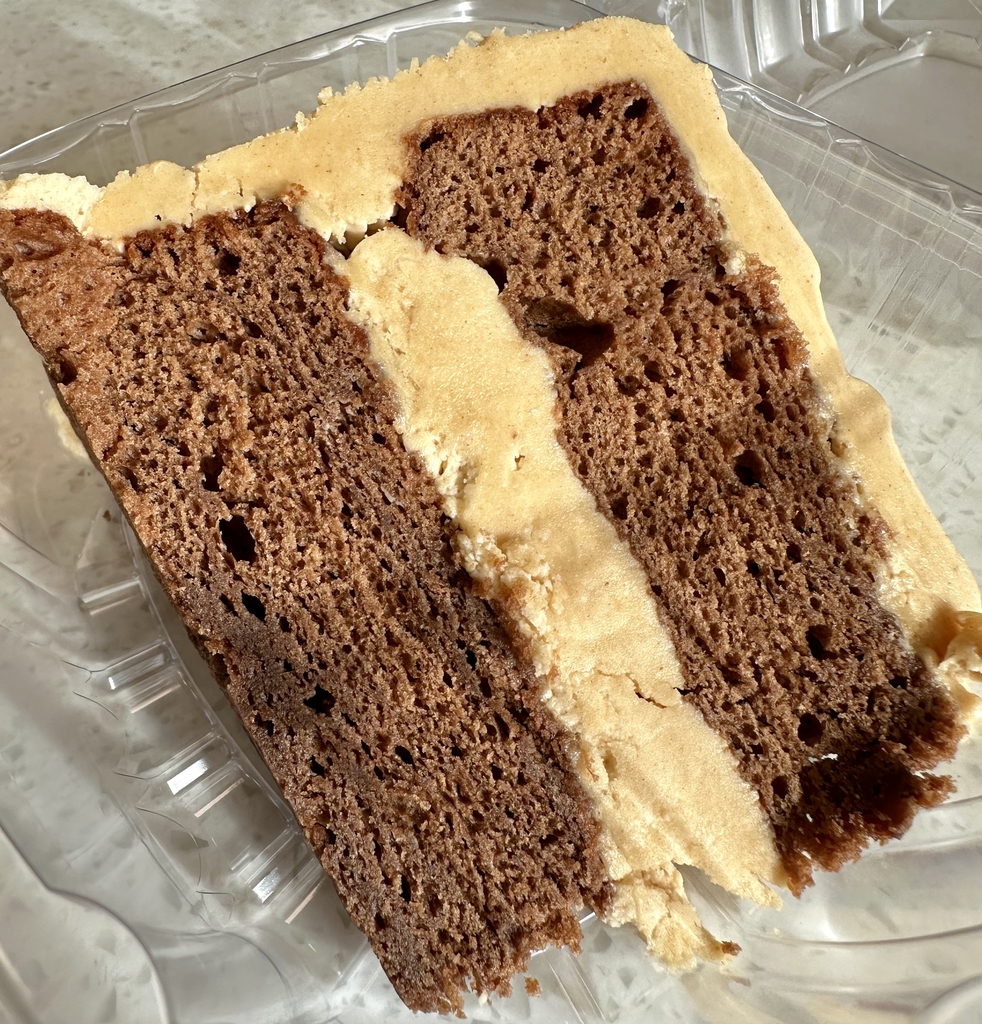Up close of a piece of a peanut butter and chocolate cake.