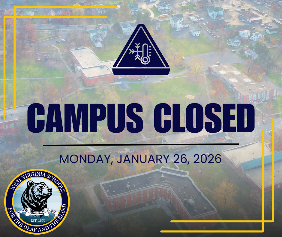 An aerial view of the WVSDB campus with the text "campus closed" in bold, blue-colored font. The WVSDB Black Bear logo is in the lower left-hand corner. 