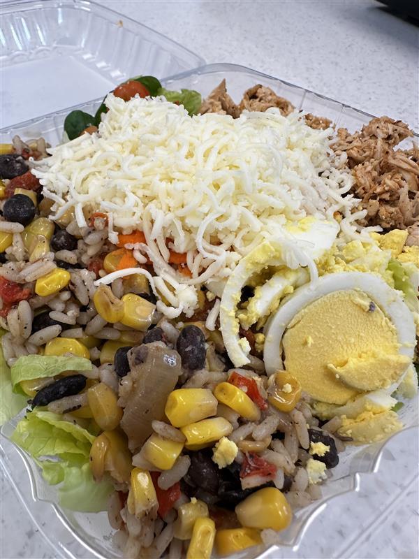 Southwestern salad featuring chicken, rice, black beans, hard boiled eggs, and cheese.
