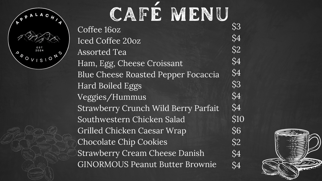 Cafe Menu in white font in front of a black background. 