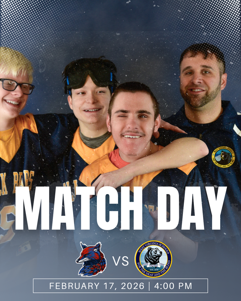 Three male goalball players smile and pose for the camera with their arms draped around each other's shoulders. Their male coach is to the right-hand side. The text reads "Match Day" in bold, white font. 