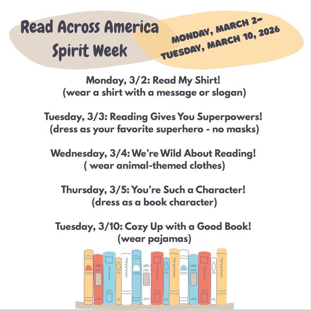 Read Across America Spirit Week Schedule in black font. There are a row of books of different colored books along the bottom.