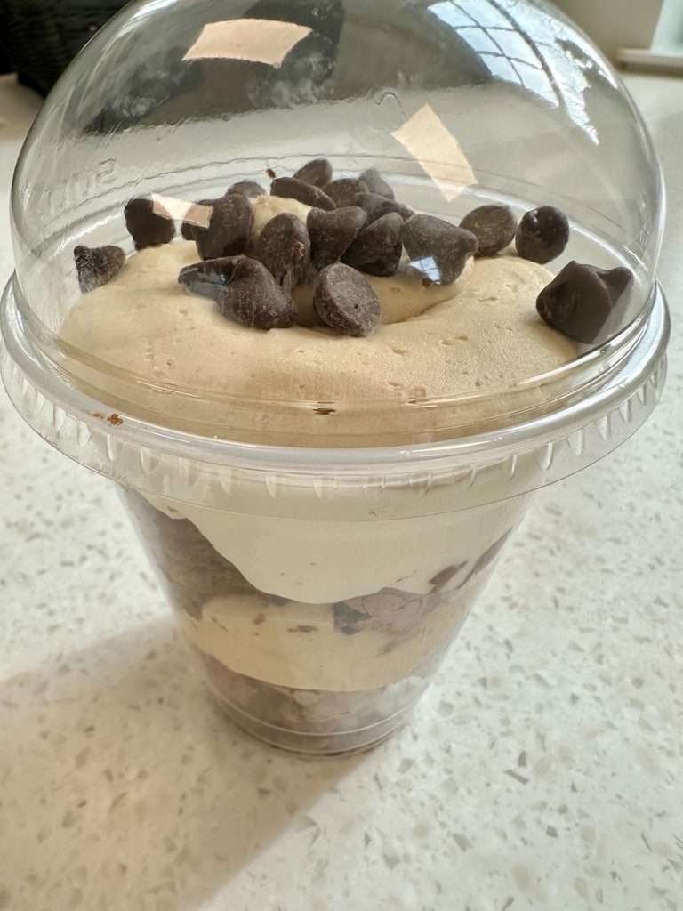 Peanut Butter Chocolate Trifle with chocolate chips sprinkled on the top. 